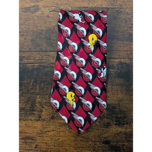 Vintage 1995 Looney Tunes Mania Neck Tie Tweety & Sylvester 56" Red Korea Made